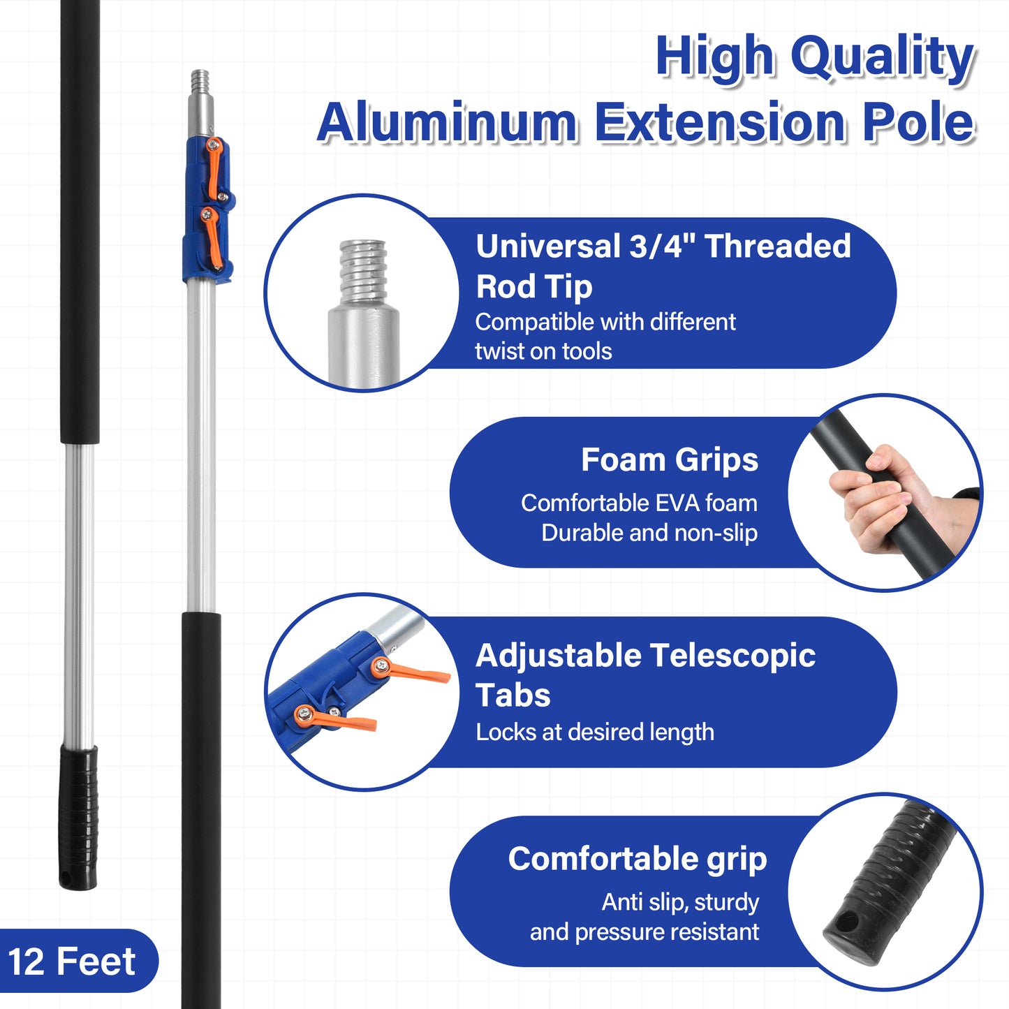 7-30FT Extension Pole, Aluminum Telescoping Pole, U.S. Standard Thread