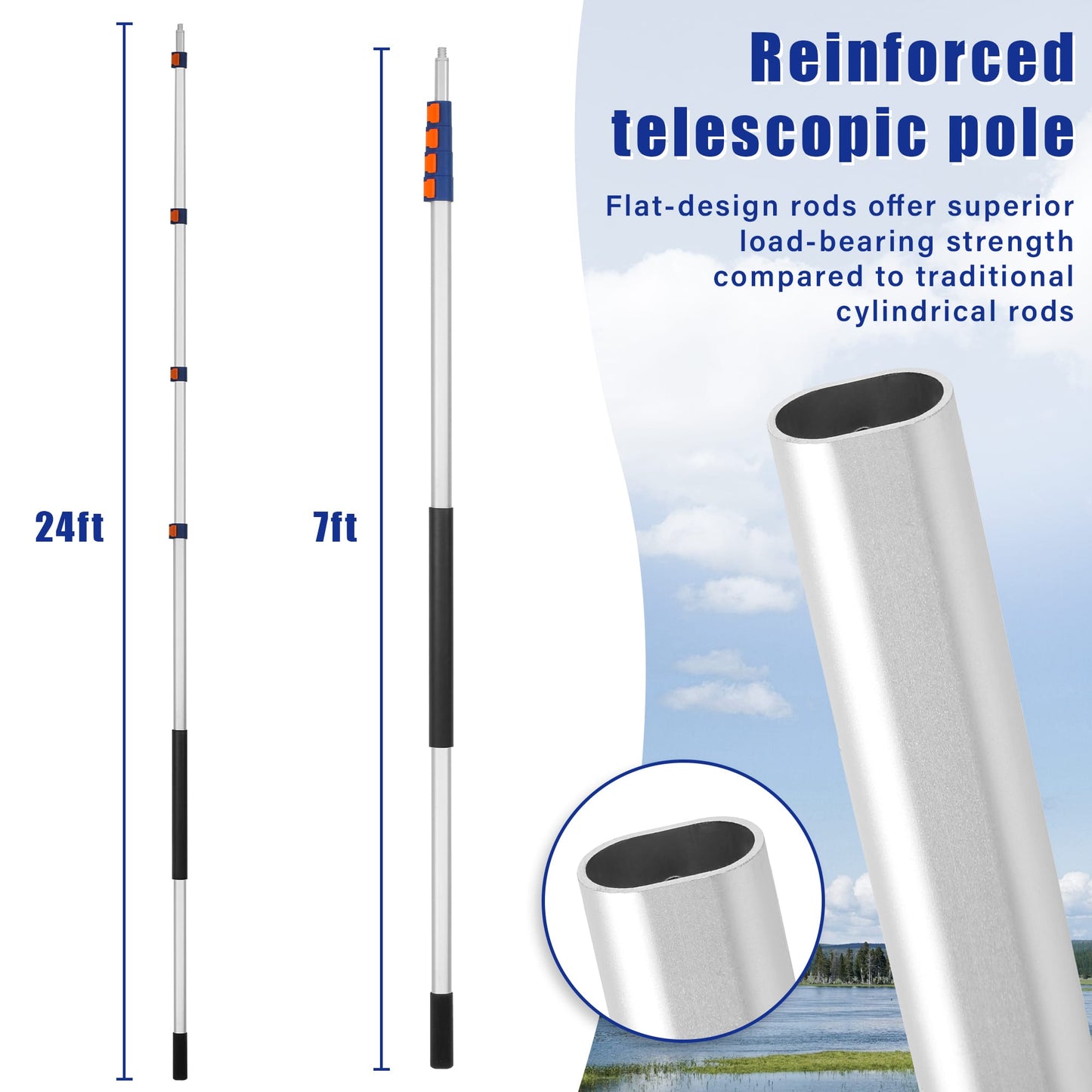 7-24FT Telescoping Extension Pole, Aluminum Durable Telescoping Pole with Twist-on Metal Tip for Painting, Dusting, Window Cleaning, Tree Sawing